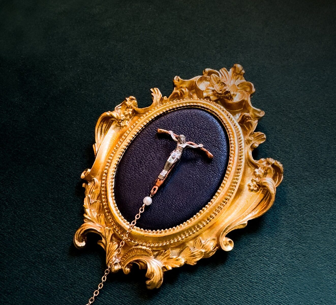 Crux, BEST IN SHOW, Christ Figure with Bronzed IUD, Leather, Rosary Chain, and Gold Frame, French 75, 12 Inches of Sin VIII
